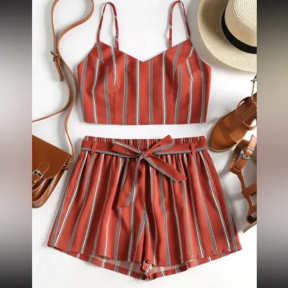 Striped Cami Belted Shorts Two Piece Set in Chestnut Red Size Medium - Picture 2 of 9